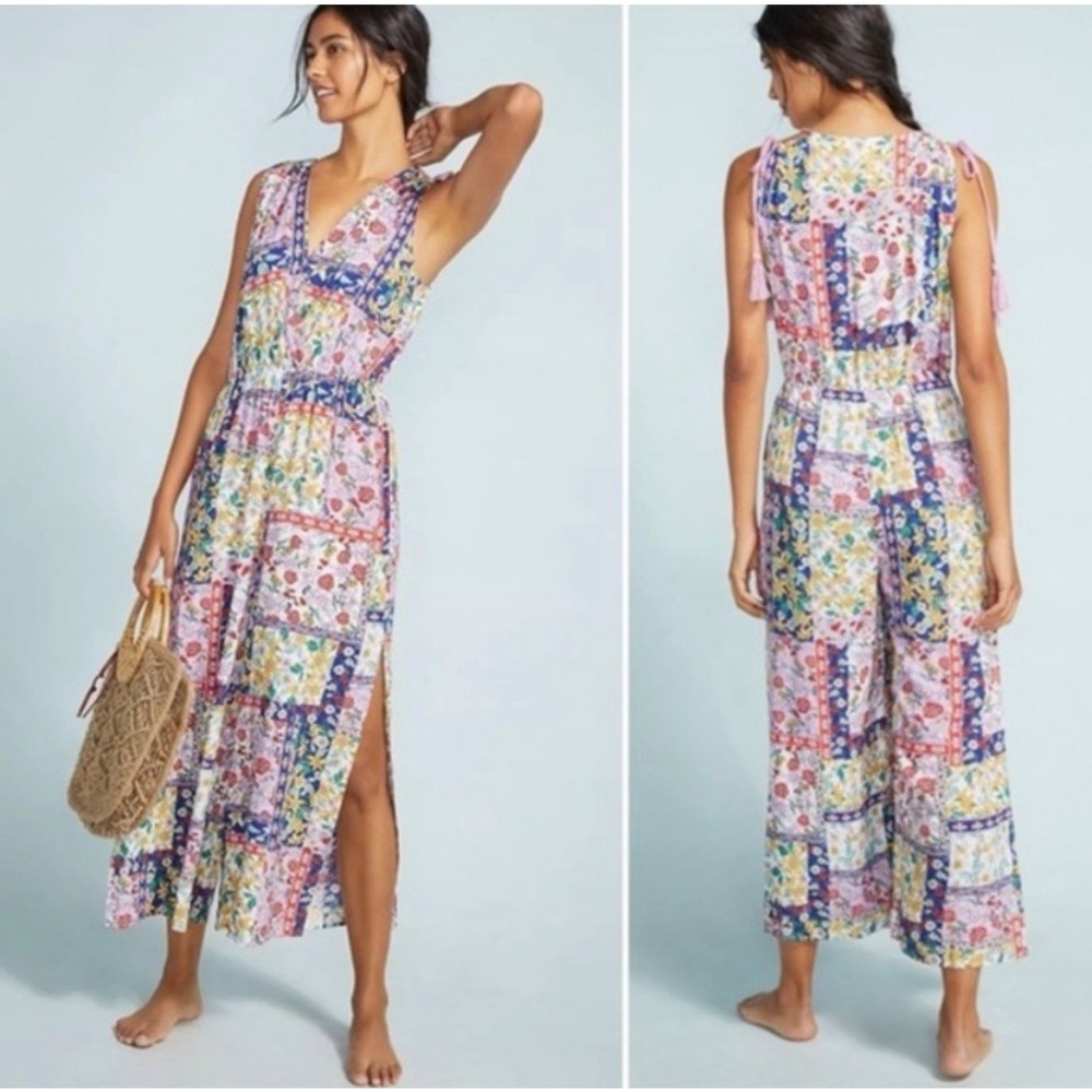 Anthropologie Floral Patchwork Jumpsuit Leg Slits Size XS Multi Boho Cottagecore